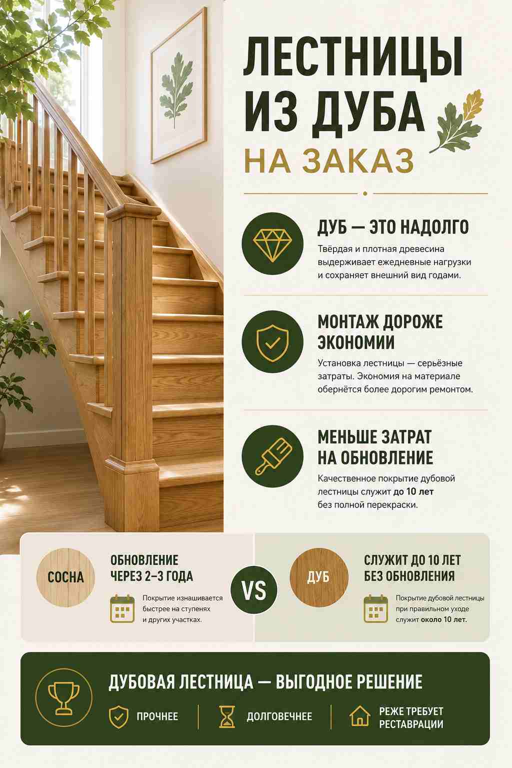 Деревянные лестницы из дуба на заказ — преимущества дуба перед сосной